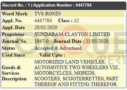 TVS RONIN Registered. To Be The Next Offering From TVS.